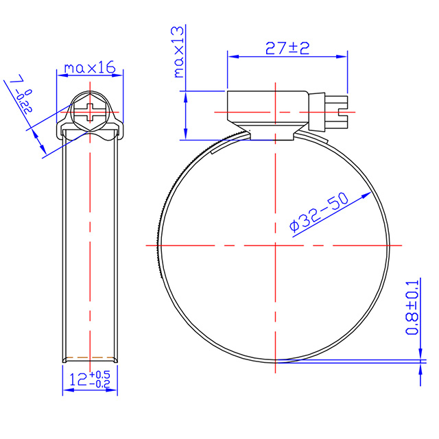 German Type Hose Clamps, Stainless Steel, Band Width 12mm